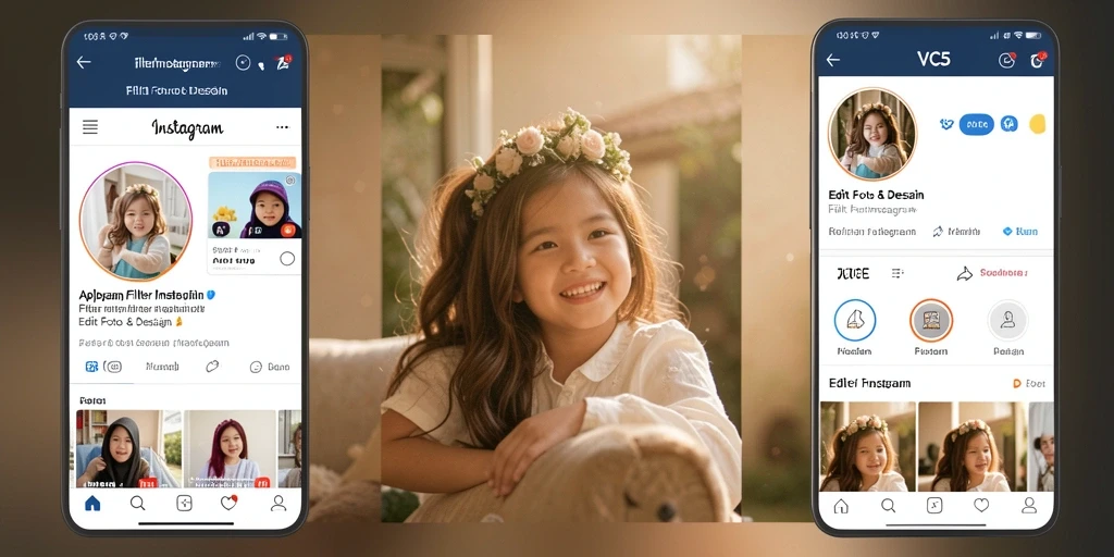 Antarmuka VC5 menampilkan beragam fitur edit foto dan filter Instagram.